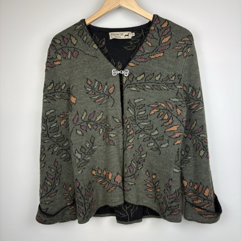 Peruvian Link Alpaca Collection Green Floral Cardigan Sweater‎ Size L